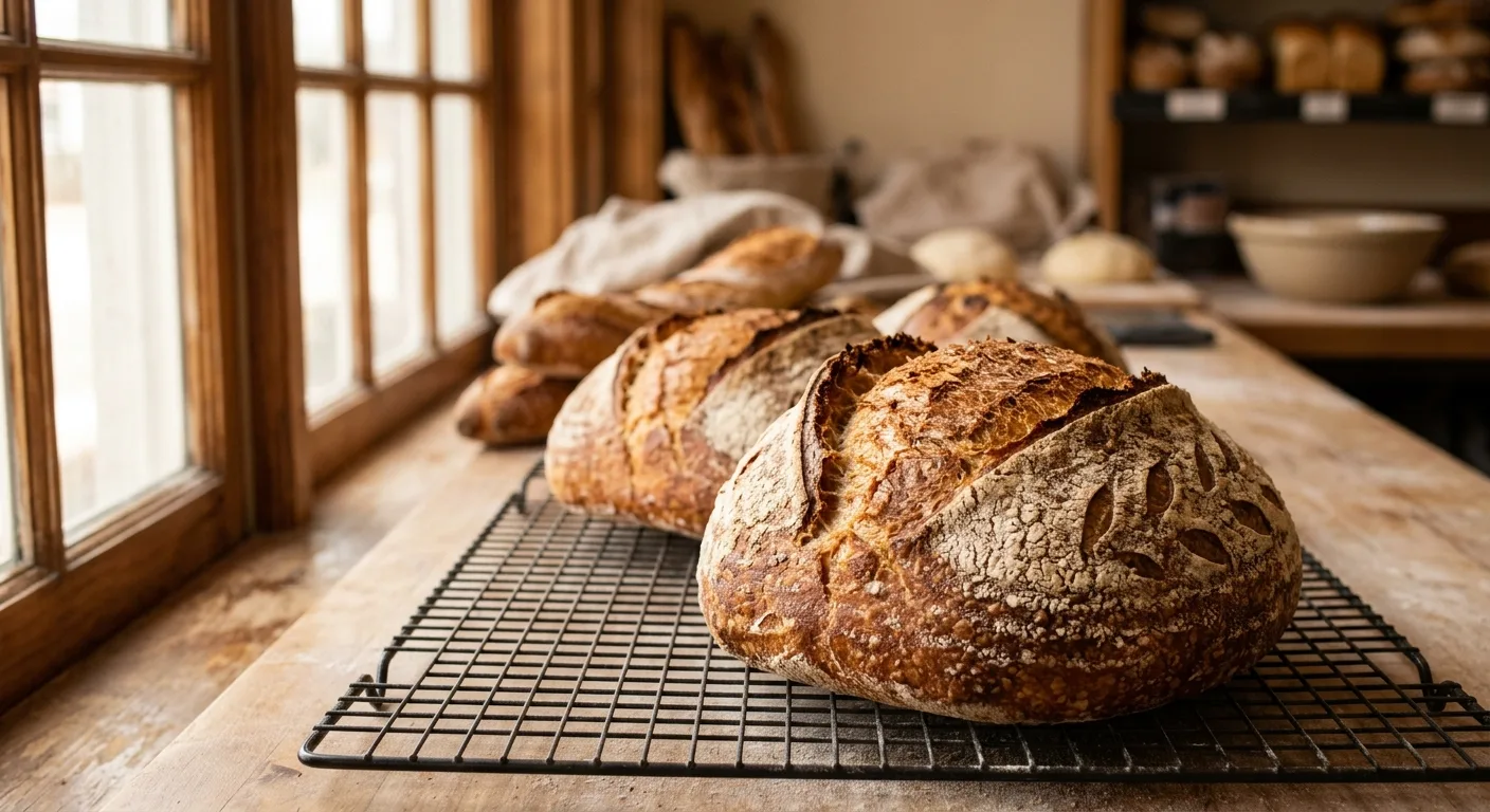 Close-up of freshly baked, golden-brown artisanal breads or generic pastries on a cooling rack, softly lit by morning window light.. Establish the warm, inviting atmosphere of a neighborhood bakery immediately upon landing.