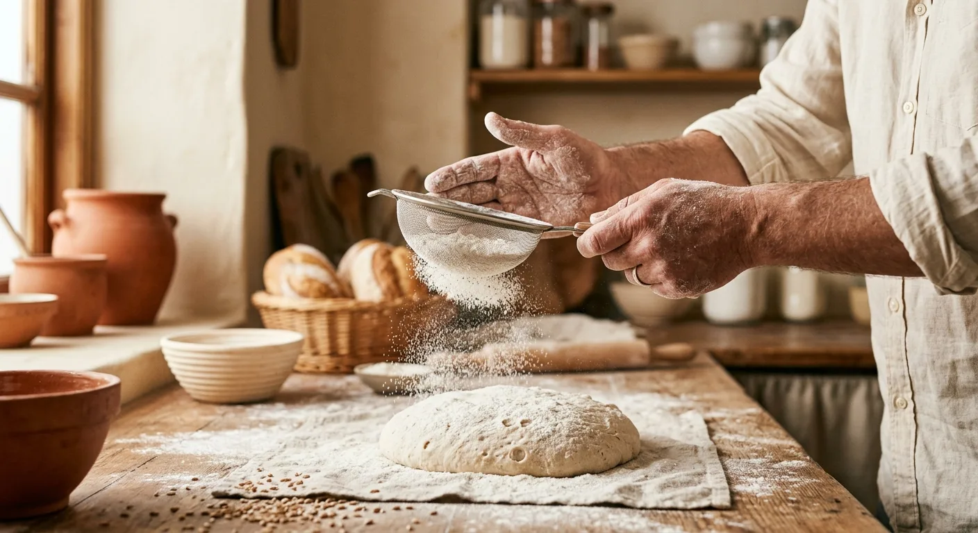 A baker's hands dusting flour over a wooden counter or shaping dough, emphasizing the handmade aspect.. Reinforce the idea of fresh, local preparation and craft.